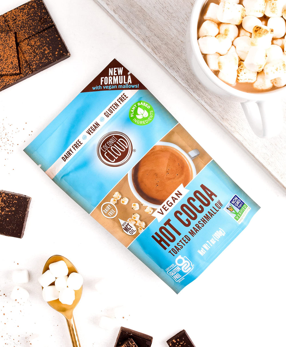 Coconut Cloud vegan marshmallows showcase a dairy-free cocoa mix.