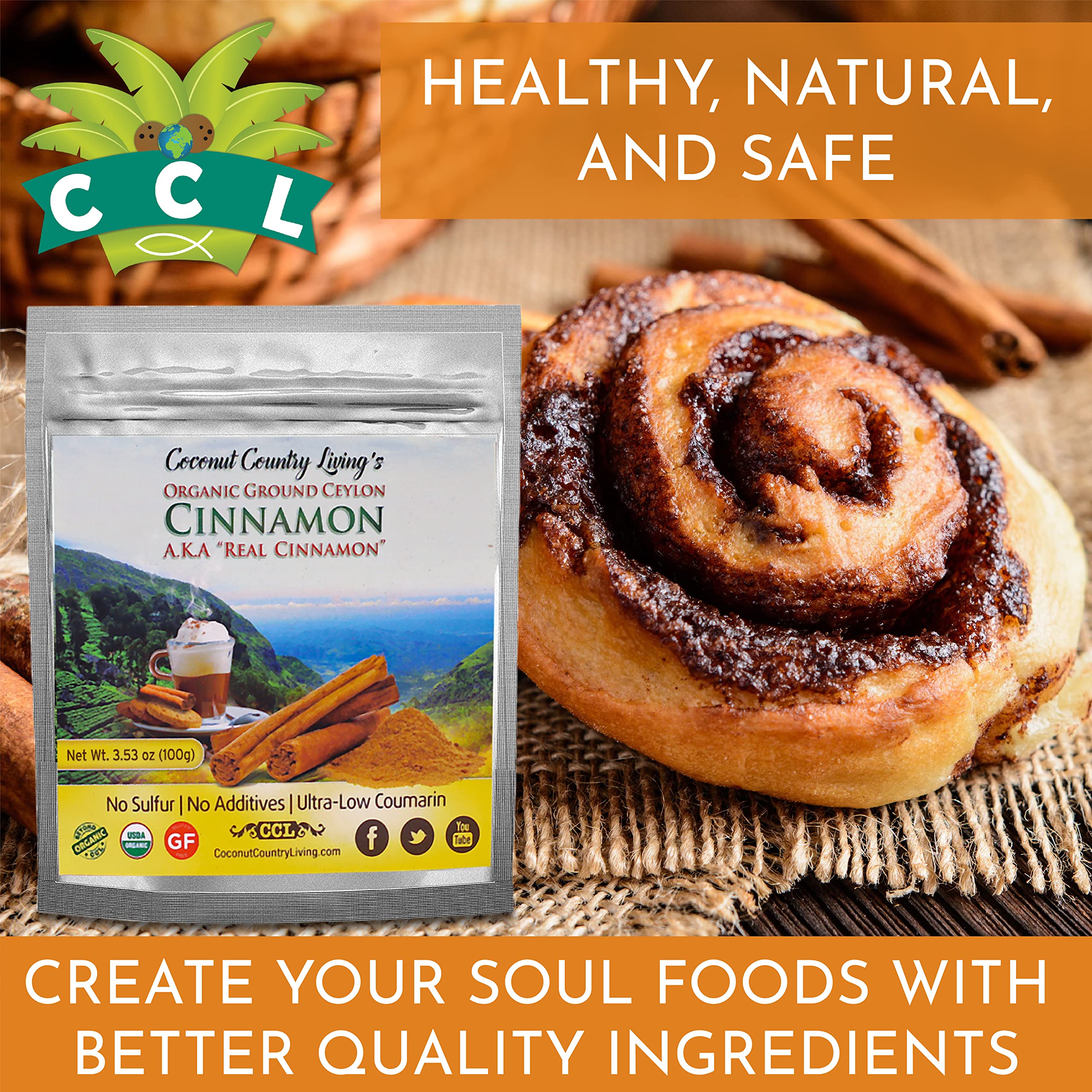 Closeup of Coconut Country Living's Ceylon cinnamon powder shows fine texture for smooth blending.
