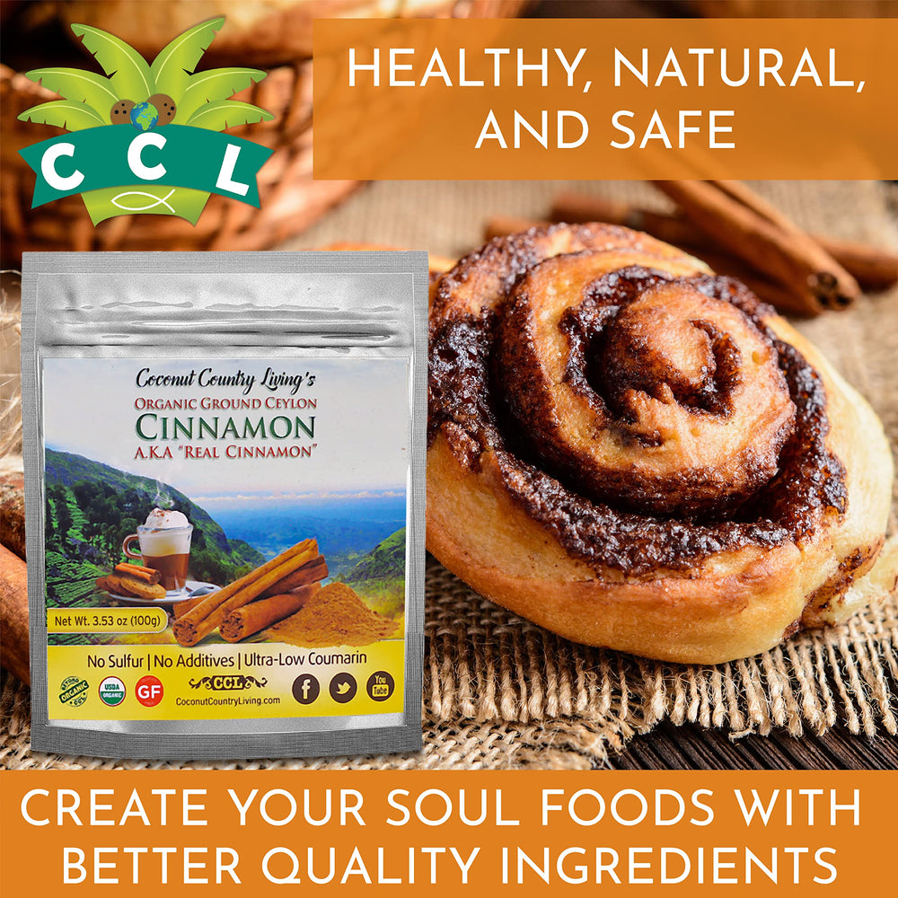 Closeup of Coconut Country Living's Ceylon cinnamon powder shows fine texture for smooth blending.