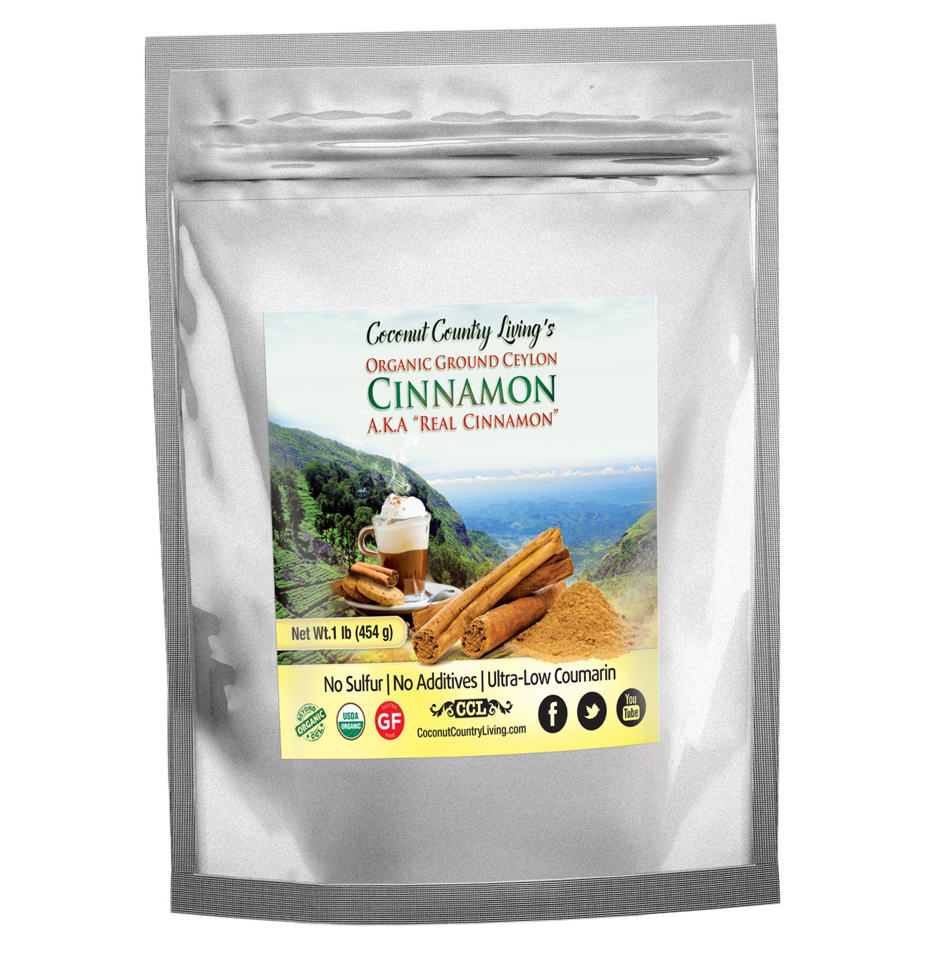 Coconut Country Living's cinnamon powder packaging shows premium quality and resealable freshness for easy pantry storage.