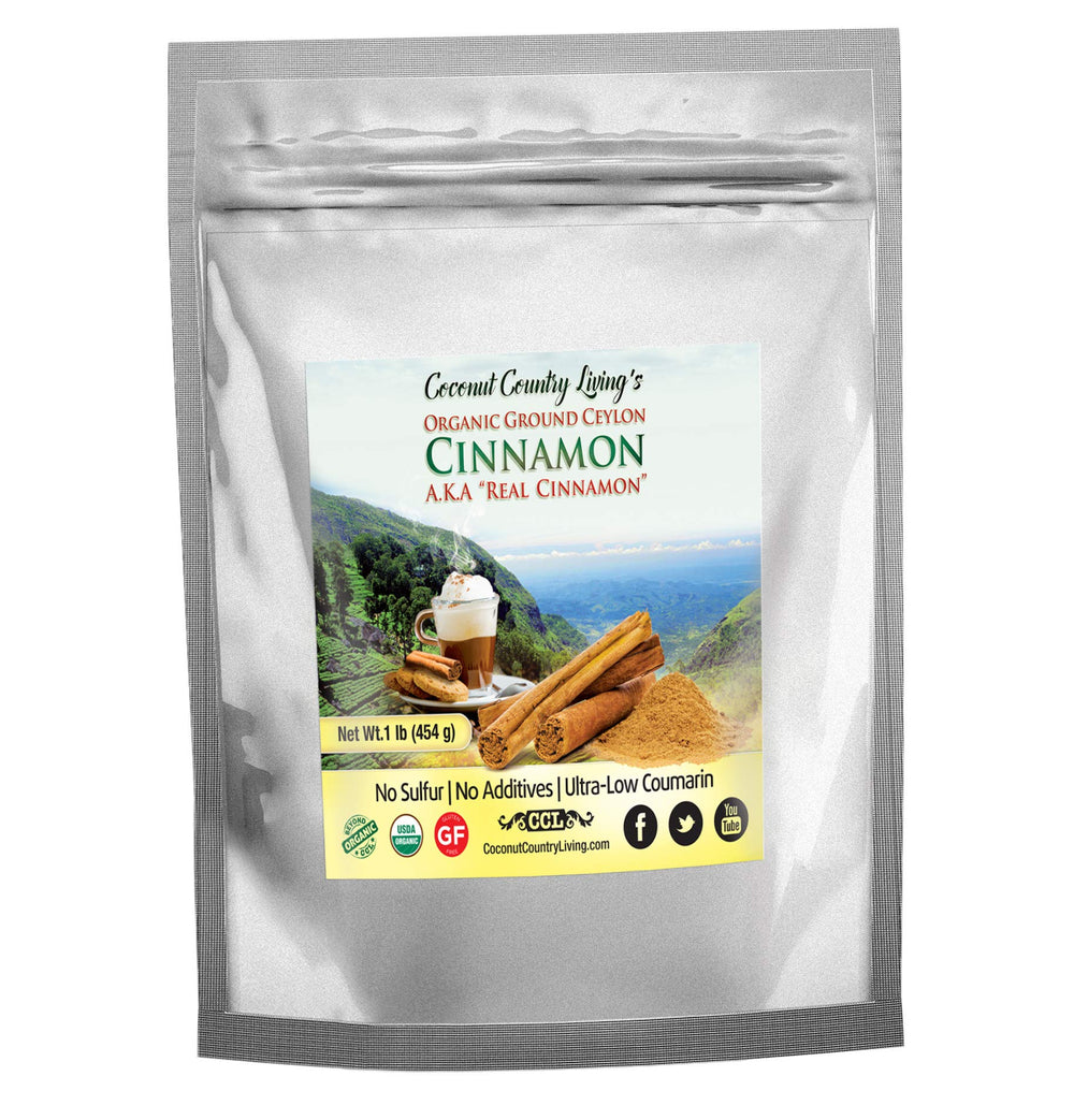Coconut Country Living's cinnamon powder packaging shows premium quality and resealable freshness for easy pantry storage.