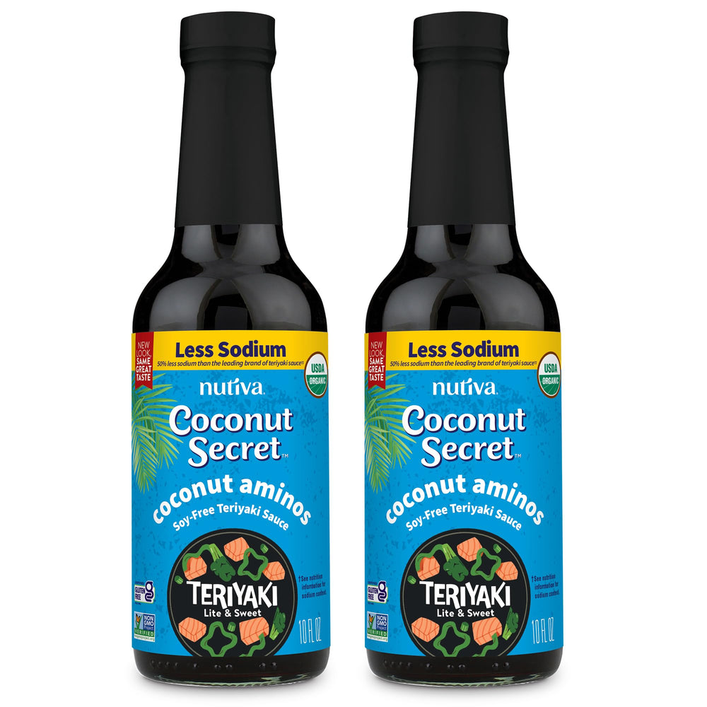 Coconut Secret 2-pack box shows soy-free teriyaki sauce for stir-fries and marinades