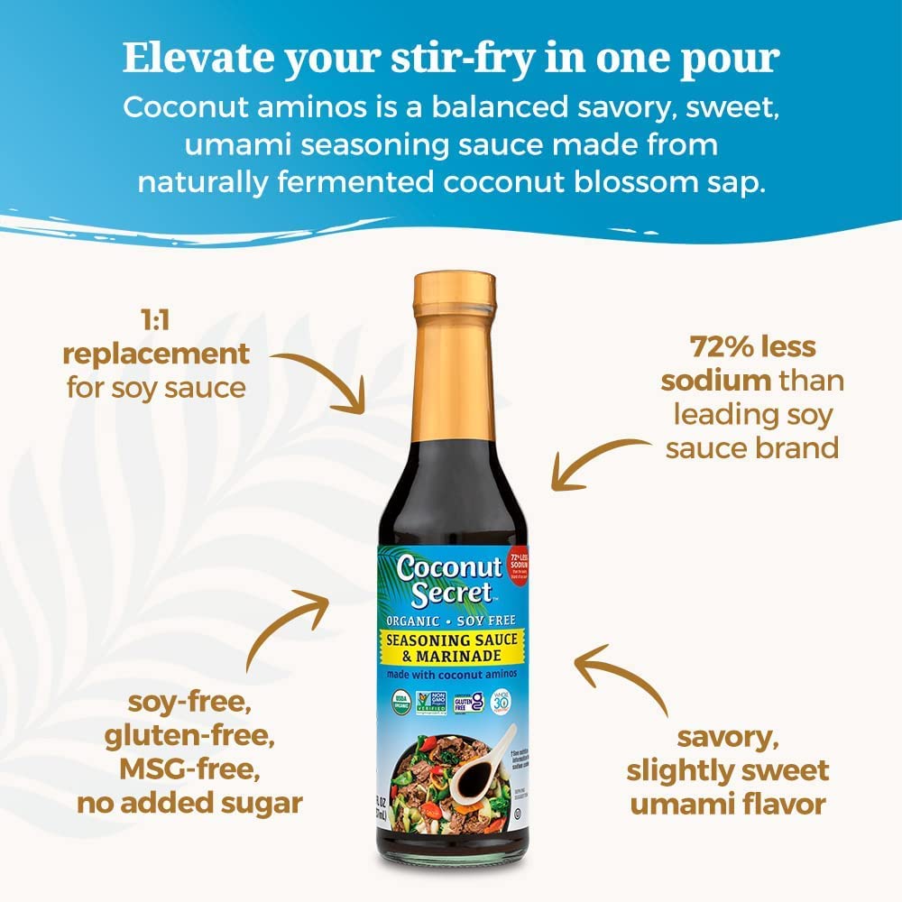 Coconut Secret Coconut Aminos bottle with 30 oz size for families.