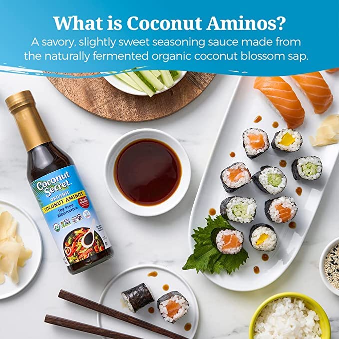 Coconut Secret Coconut Aminos shown as a gluten-free kitchen staple.