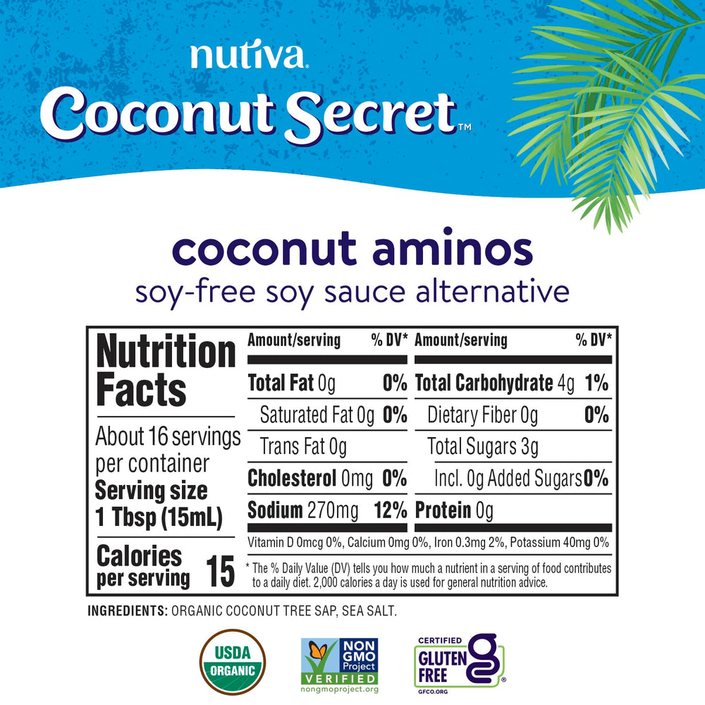 Coconut Secret Coconut Aminos marination bowl demonstrates versatile, gluten-free seasoning.