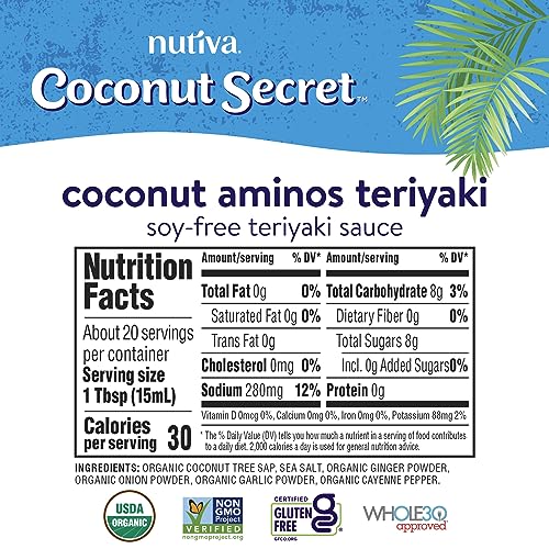 Coconut Secret Teriyaki 10oz bottle pour suggesting glaze for meats and vegetables