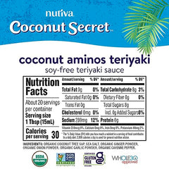 Coconut Secret Teriyaki 10oz bottle pour suggesting glaze for meats and vegetables