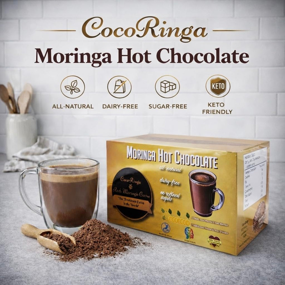 CocoRinga Moringa Hot Chocolate box open reveals convenient sachets for quick mix.