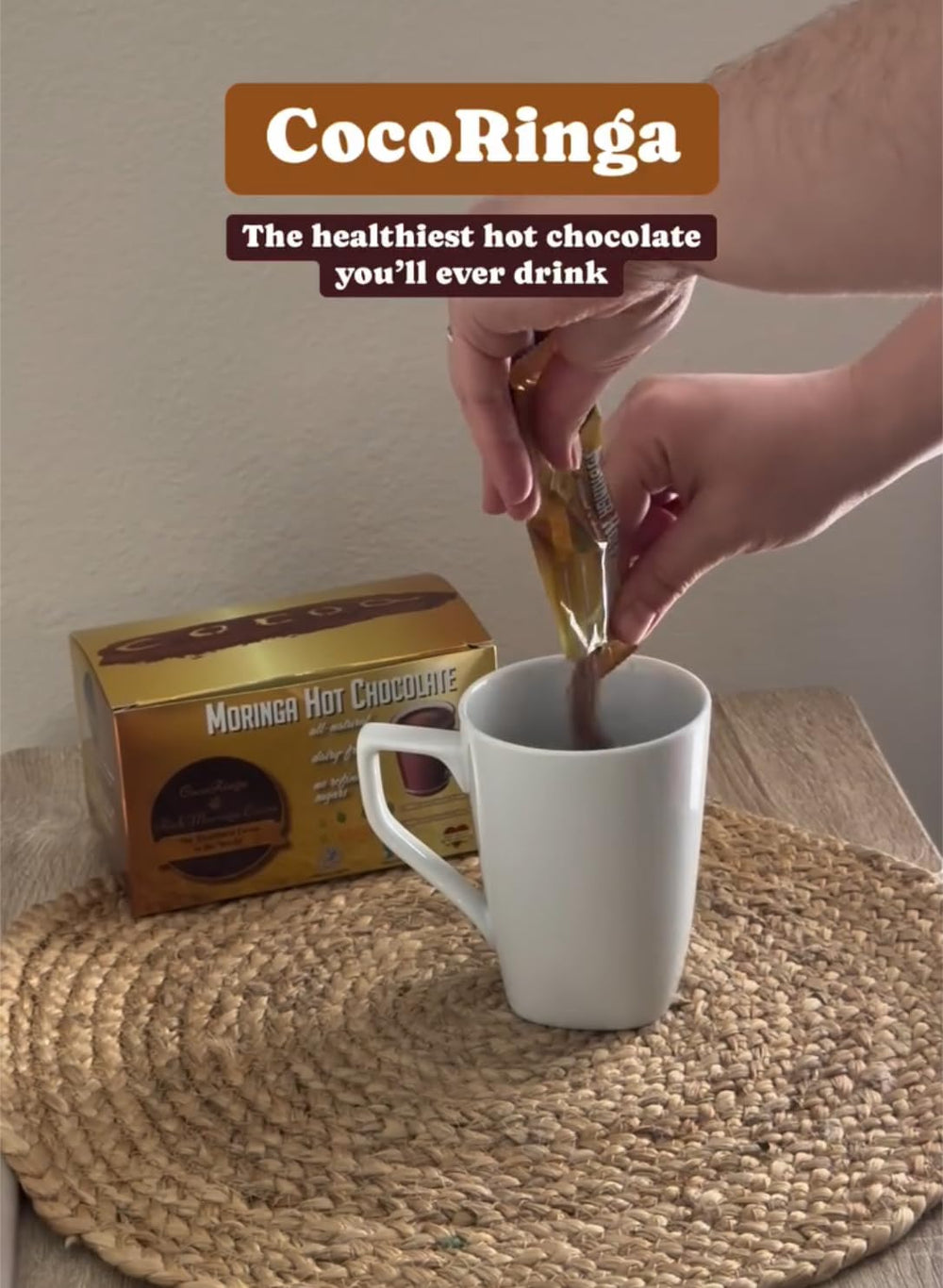 CocoRinga Moringa Hot Chocolate ingredients panel highlights fiber and prebiotic components.