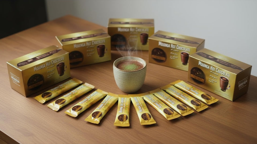 CocoRinga Moringa Hot Chocolate keto-gluten-free label emphasizes low carb option.