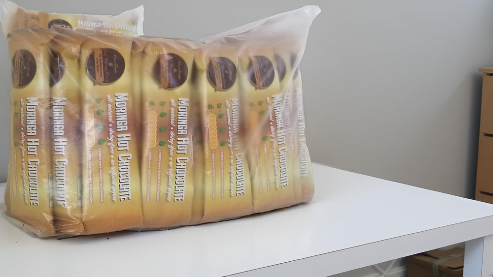 CocoRinga Moringa Hot Chocolate packets ready to mix for vegan meals.