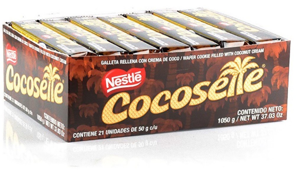 Cocosette front-pack image shows coconut-cream wafers for on-the-go snacking.