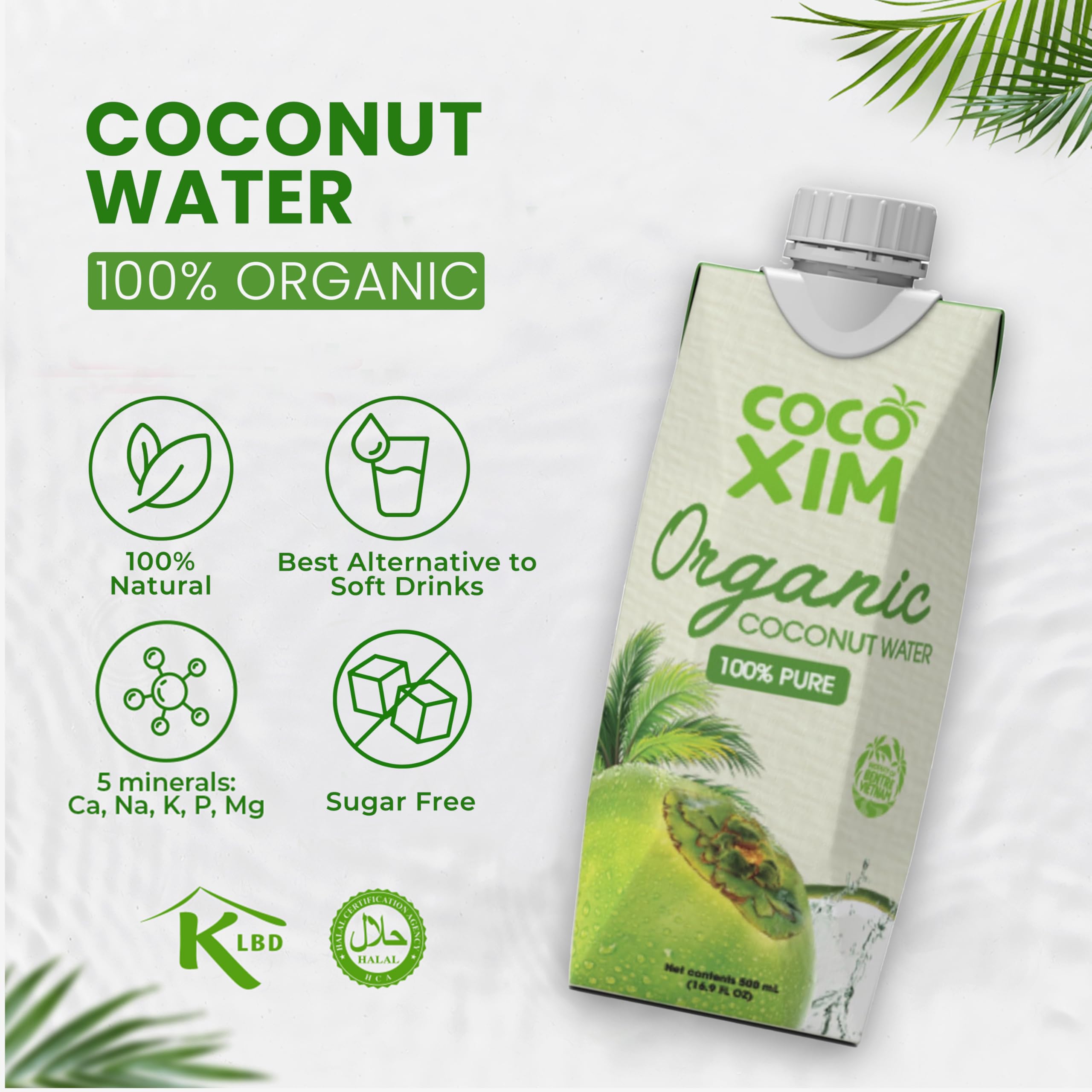 Cocoxim coconut water certifications Halal and Kosher seals on packaging.