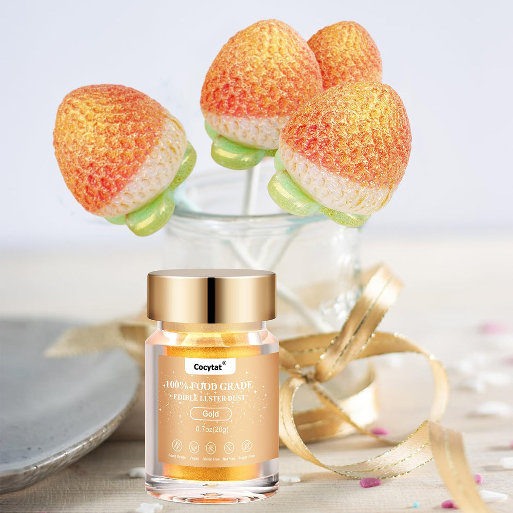 Cocytat Gold edible glitter for cake decorating enhances desserts with shimmer.
