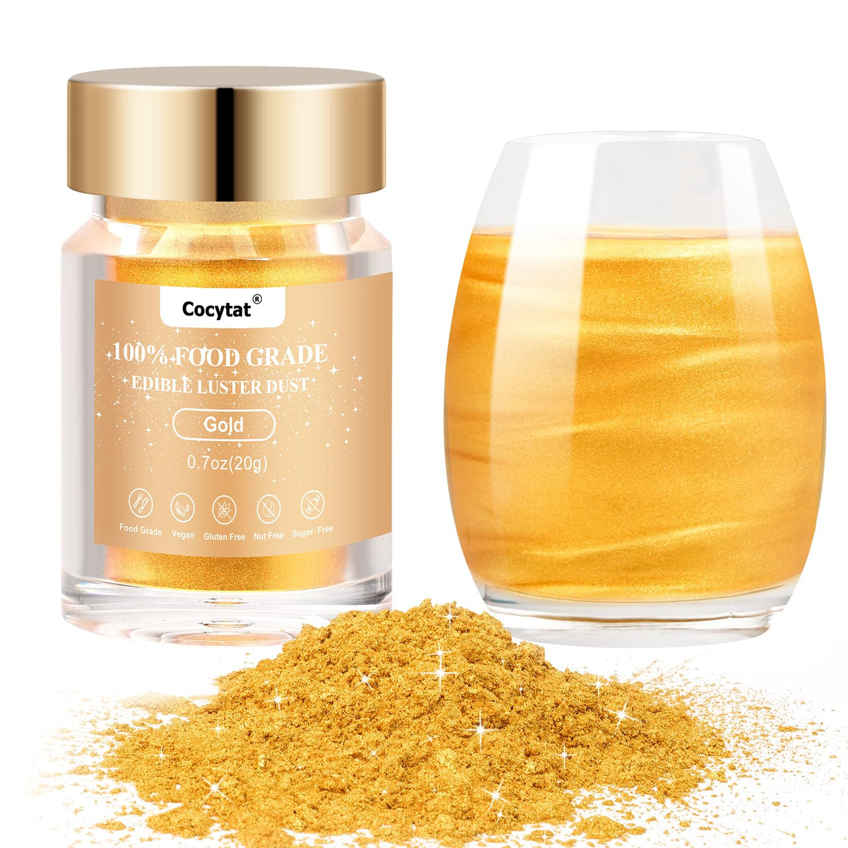 Cocytat Gold edible glitter for cocktails adds dazzling sparkle to drinks.