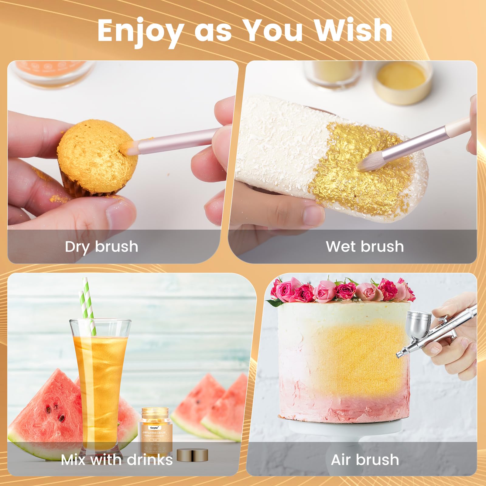 Cocytat Gold glitter is tasteless, helping beverage flavors stay true.