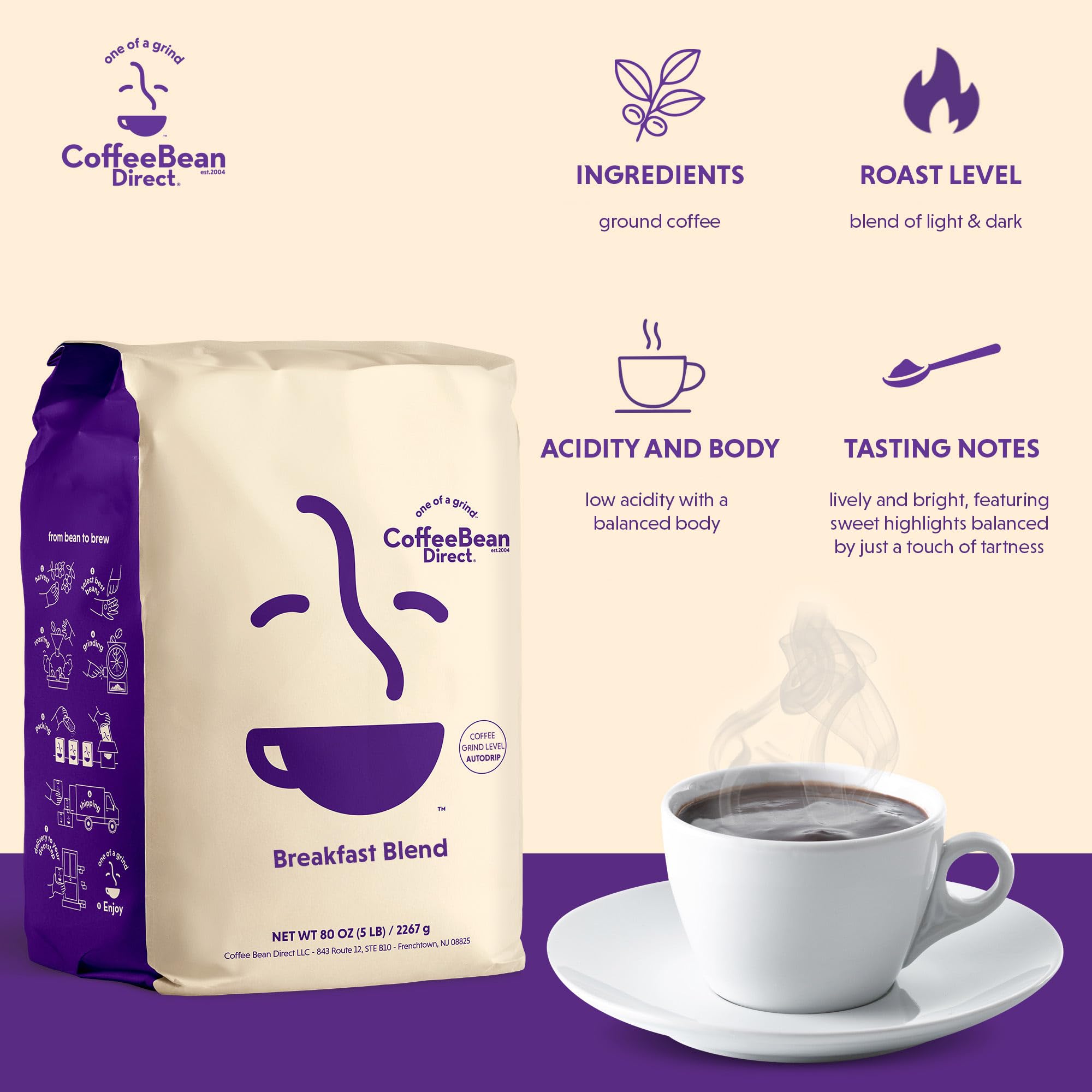 Close-up of Breakfast Blend brew showing a smooth, medium-bodied cup ready to enjoy.