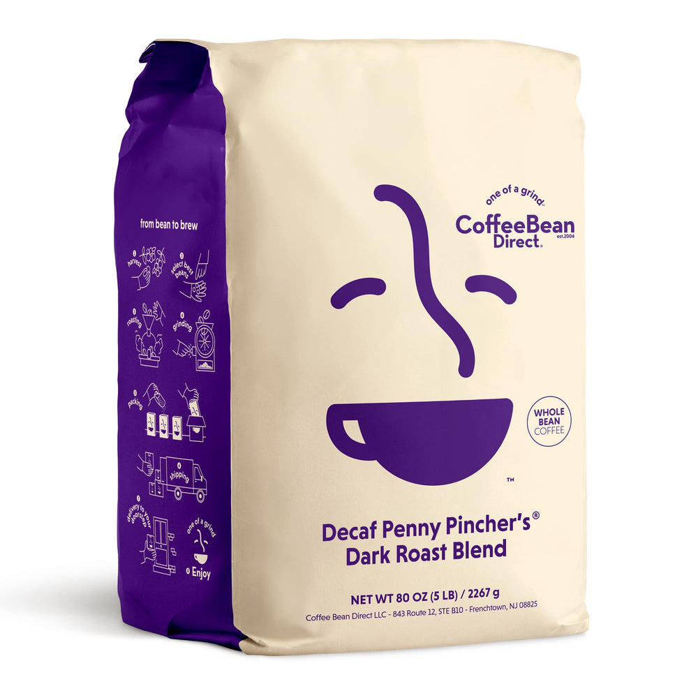 Coffee Bean Direct Decaf Penny Pinchers Dark Roast beans for a rich, versatile brew.