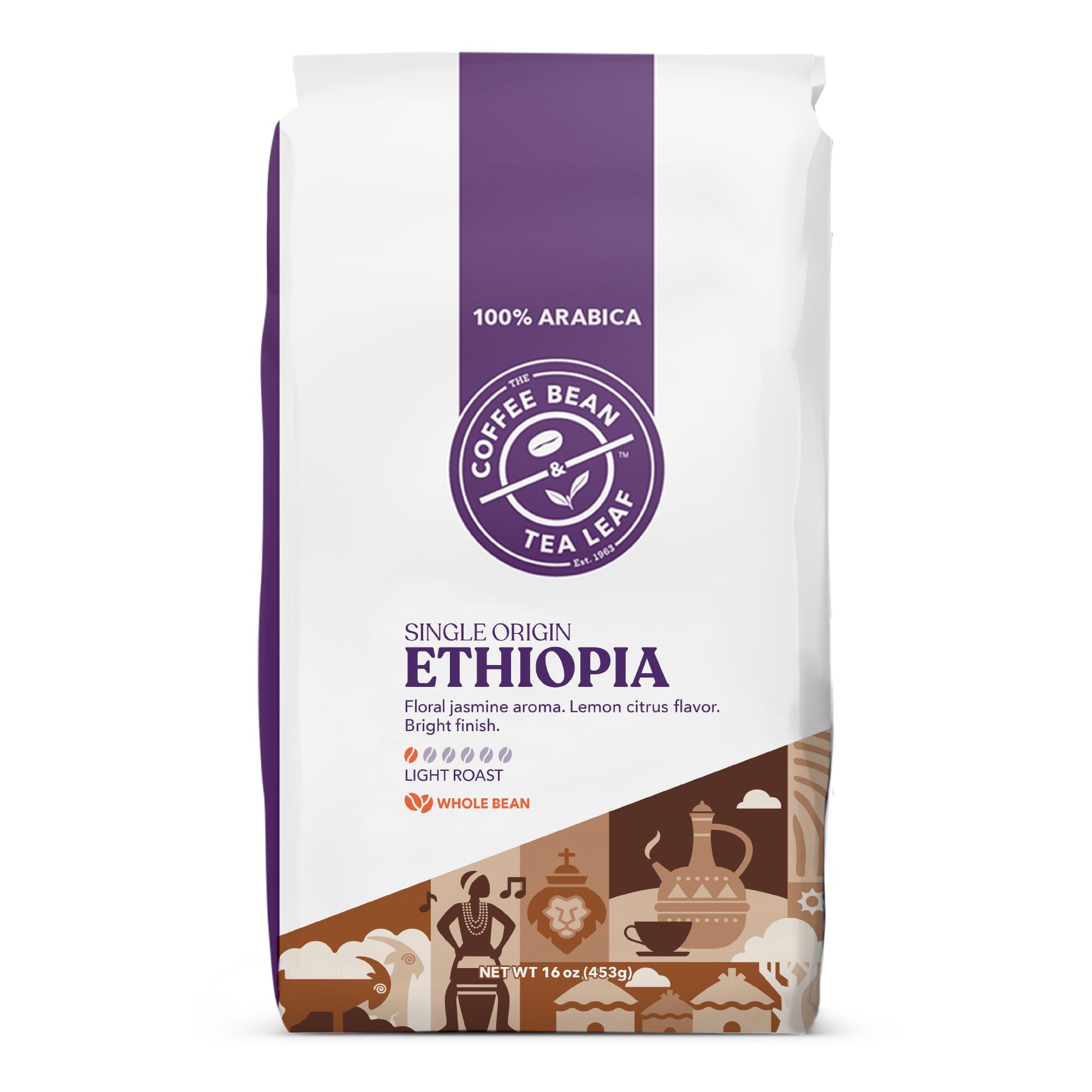 The Coffee Bean and Tea Leaf Ethiopia Yirgacheffe 1lb bag for home brewing.