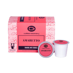 Coffee Beanery Amaretto pods on the box-front, ready for quick mornings.