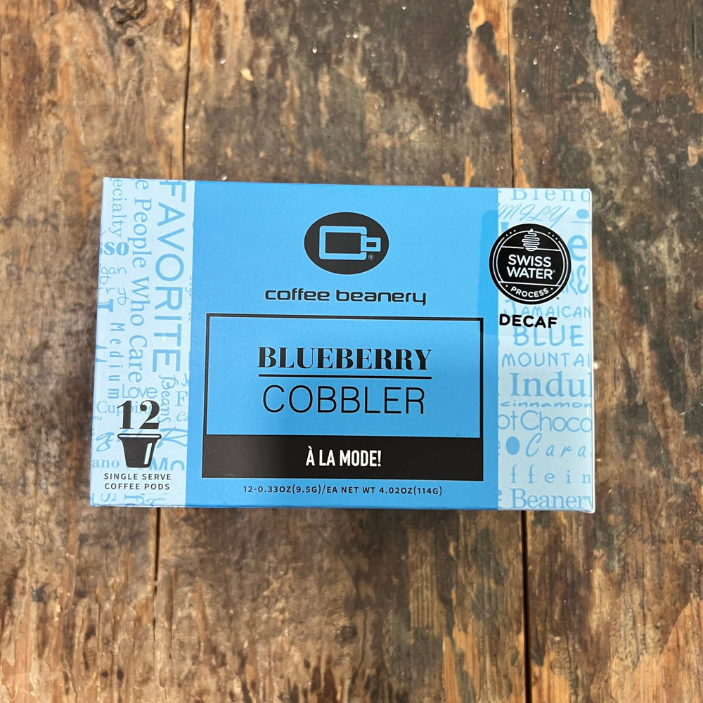 Packaging shows blueberry imagery on Coffee Beanery products.