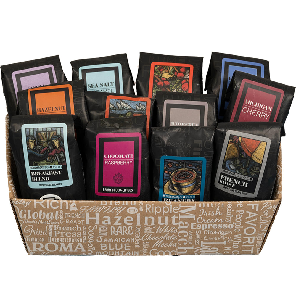 Coffee Beanery Indulgent Selection Gift Box collection showing premium Arabica flavors for gifting and sharing