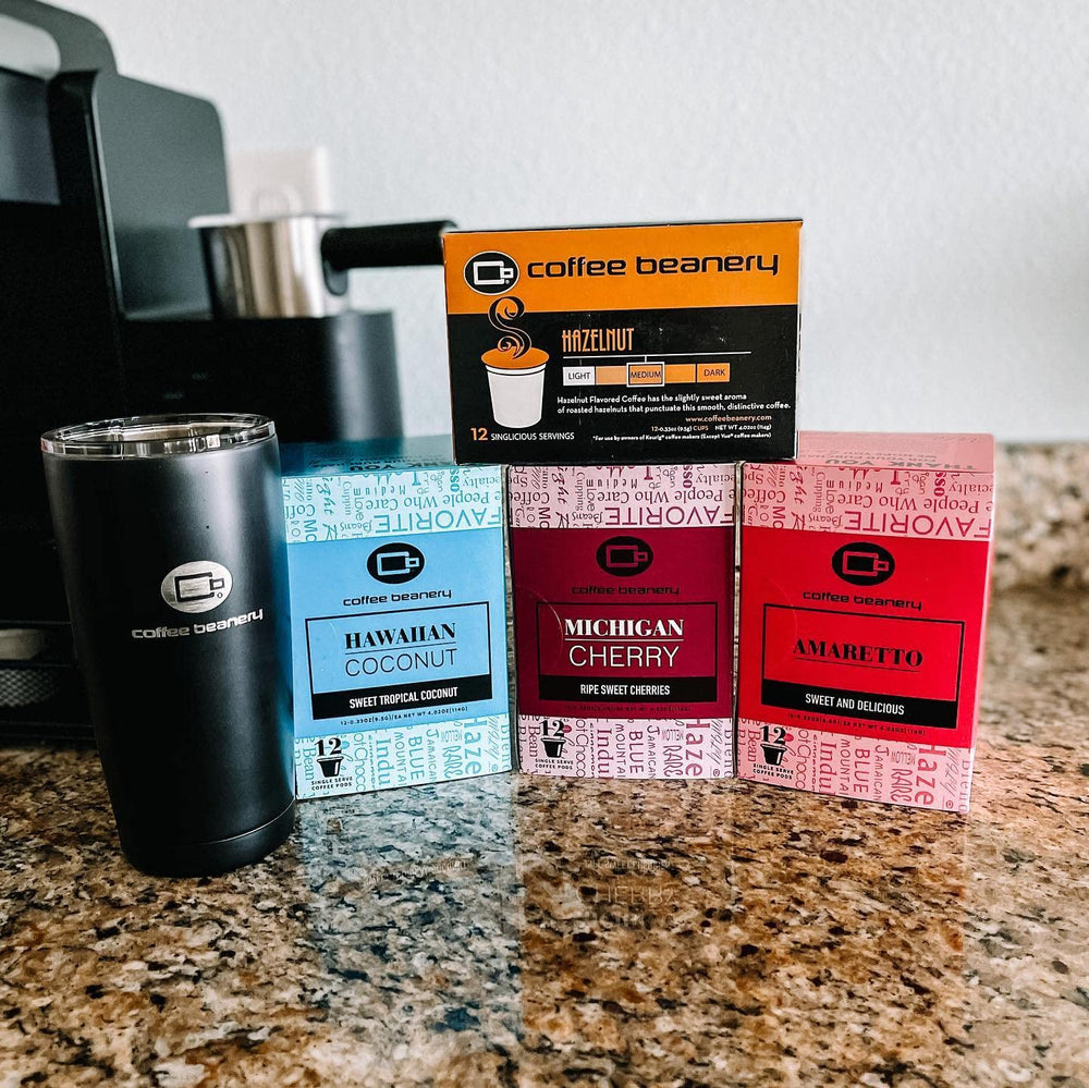 Coffee Beanery Michigan Cherry Pods brewing with a hot cup for versatile enjoyment