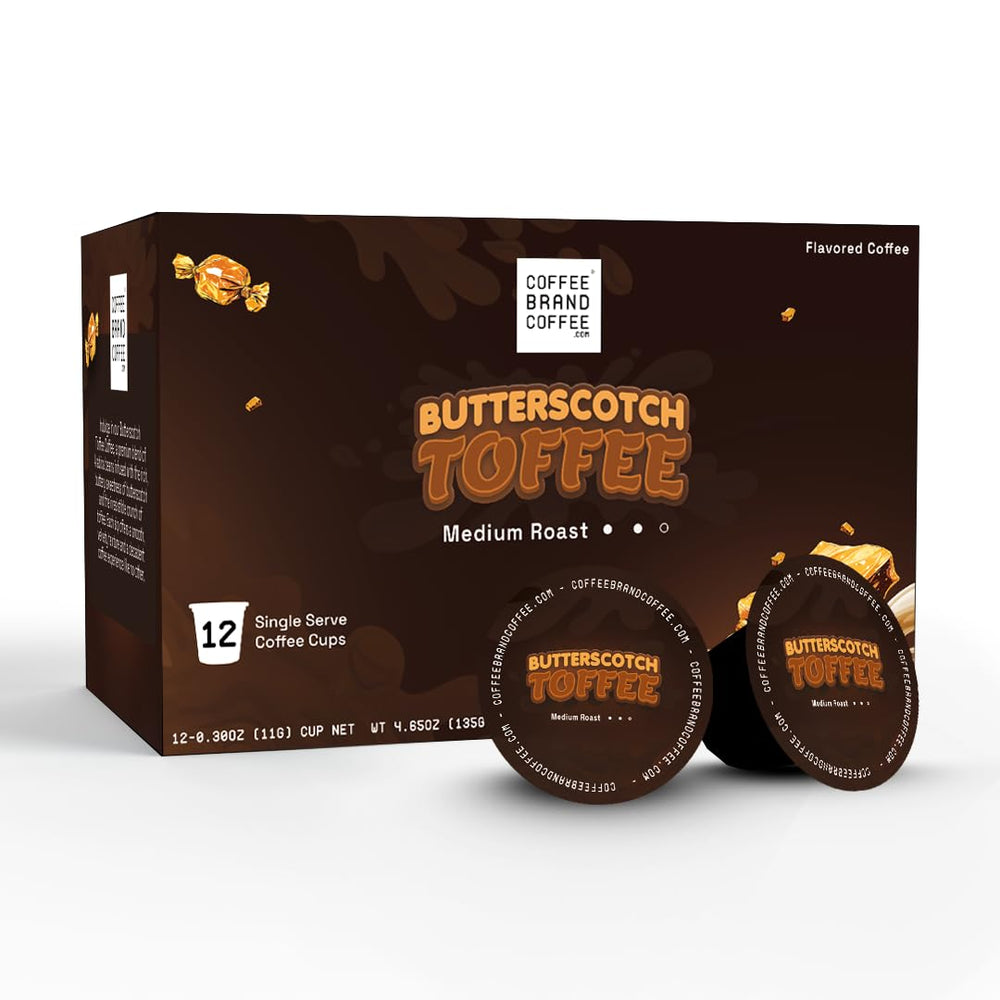 Coffee Brand Coffee butterscotch-toffee Kcups package shows premium single-serve pods.