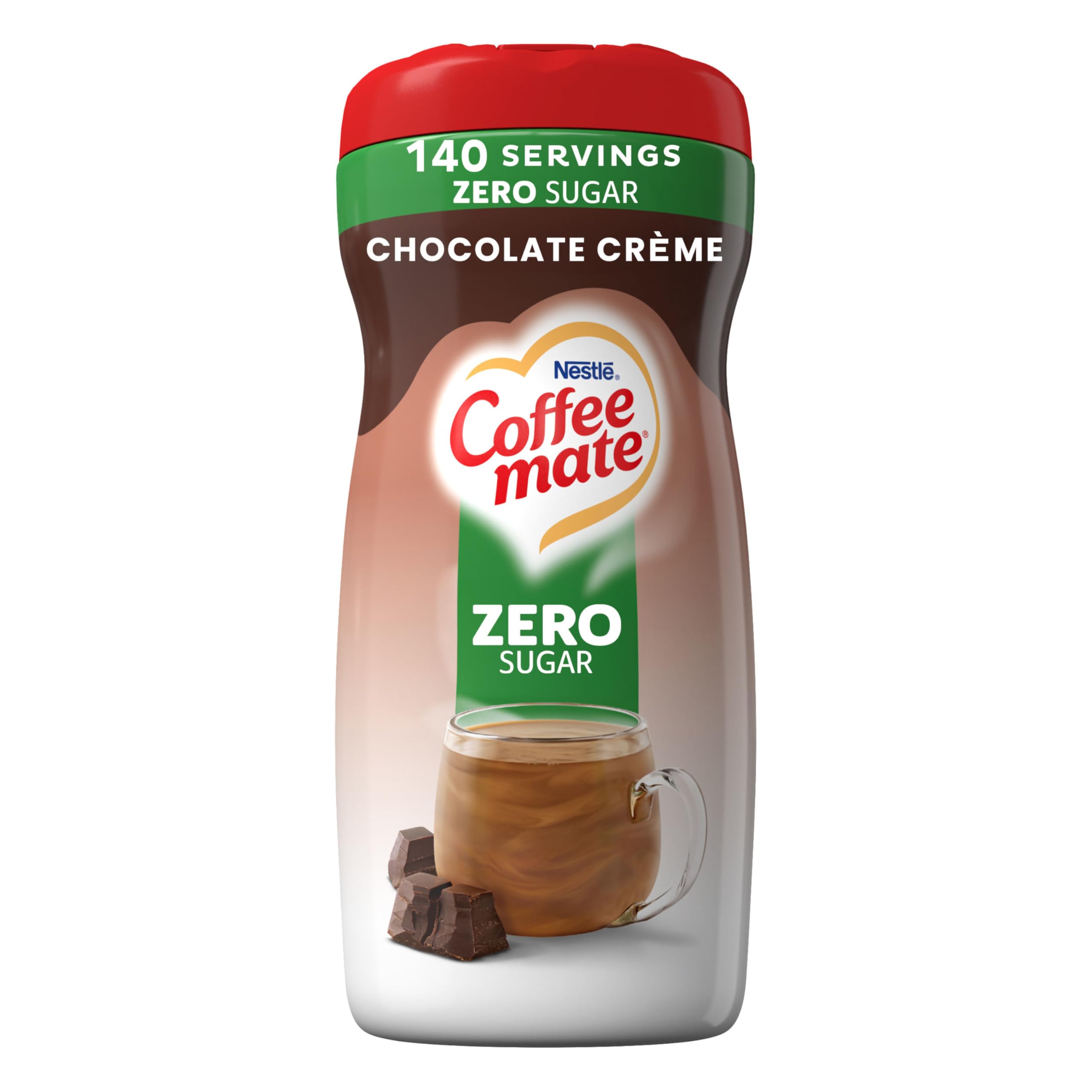 Coffee Mate Chocolate Creme sugar-free powder creamer bottle pour enhances coffee flavor