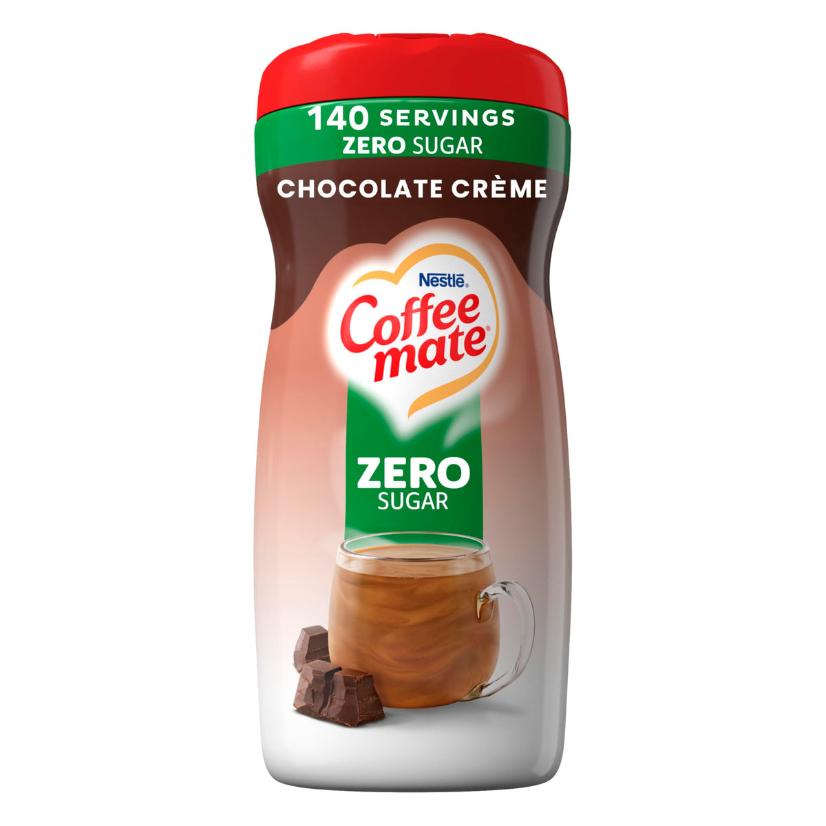 Coffee Mate Chocolate Creme sugar-free powder creamer bottle pour enhances coffee flavor