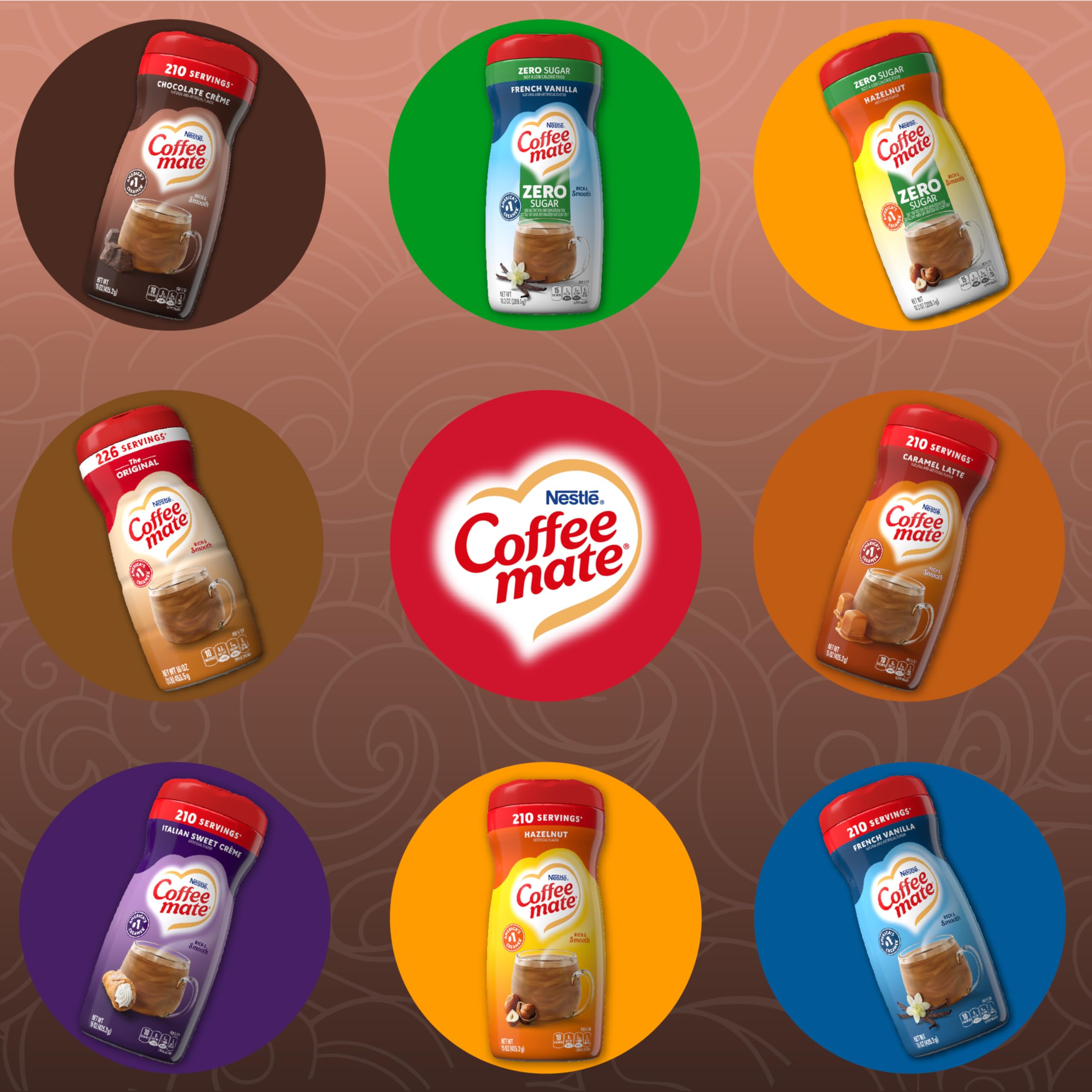Glass jar of Coffee Mate chocolate creme powder creamer beside coffee cup