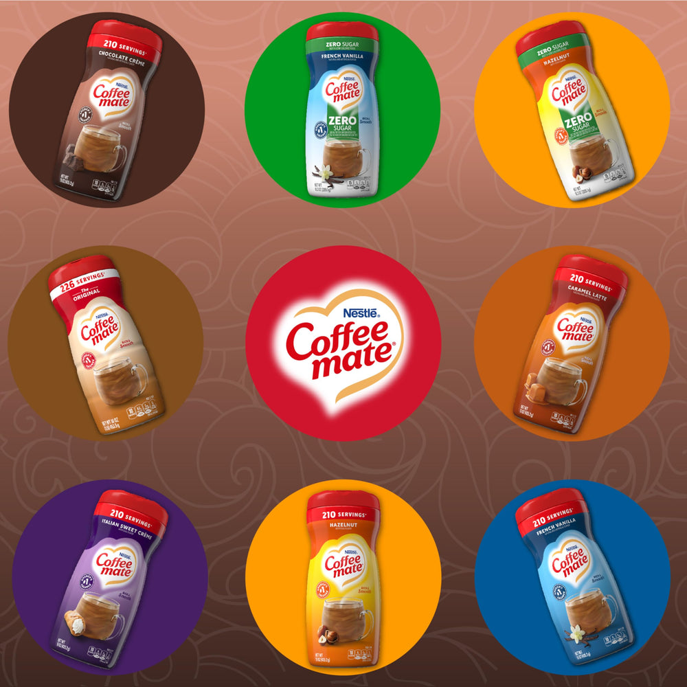 Glass jar of Coffee Mate chocolate creme powder creamer beside coffee cup