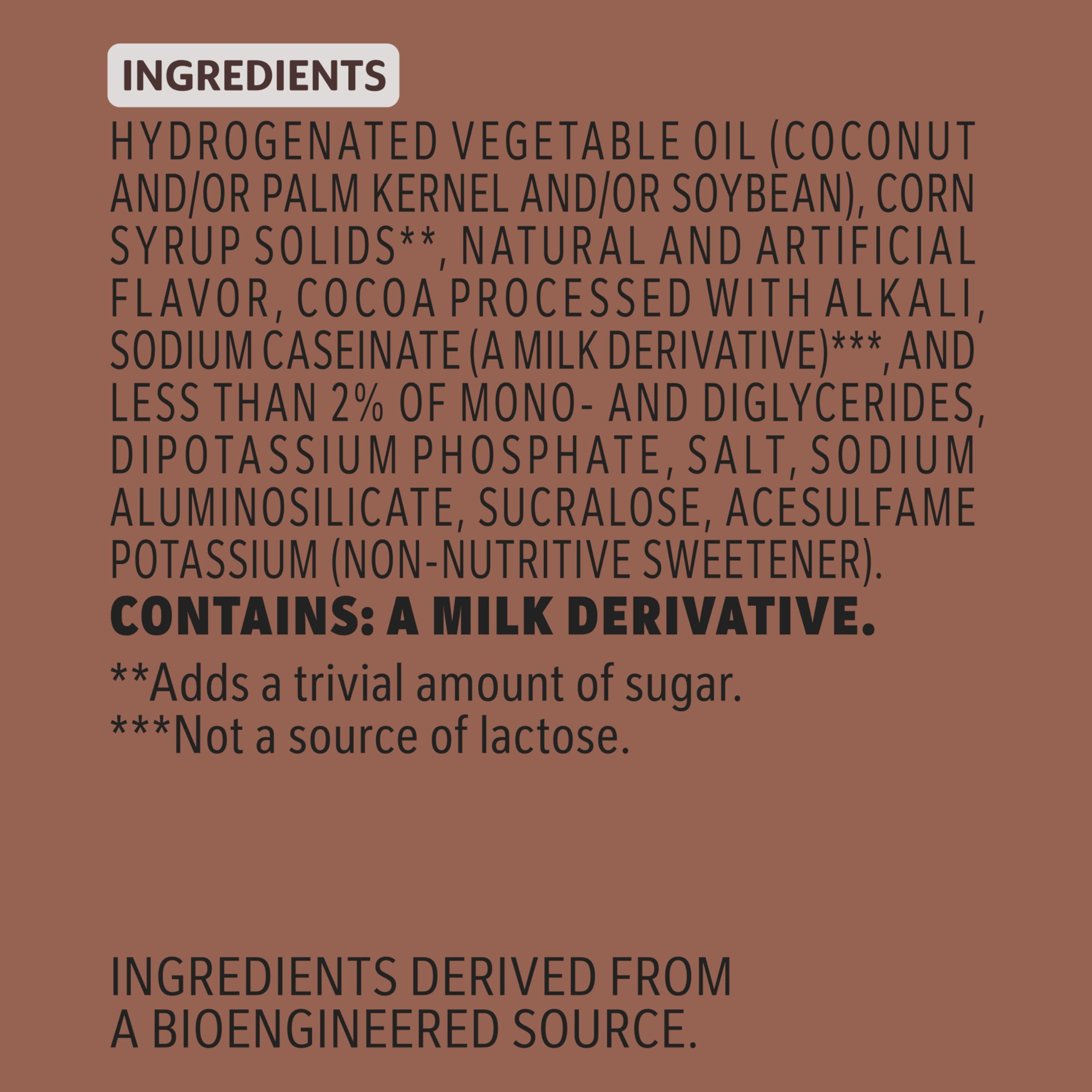 Coffee Mate Chocolate Creme sugar-free powder creamer label close-up lactose-free option