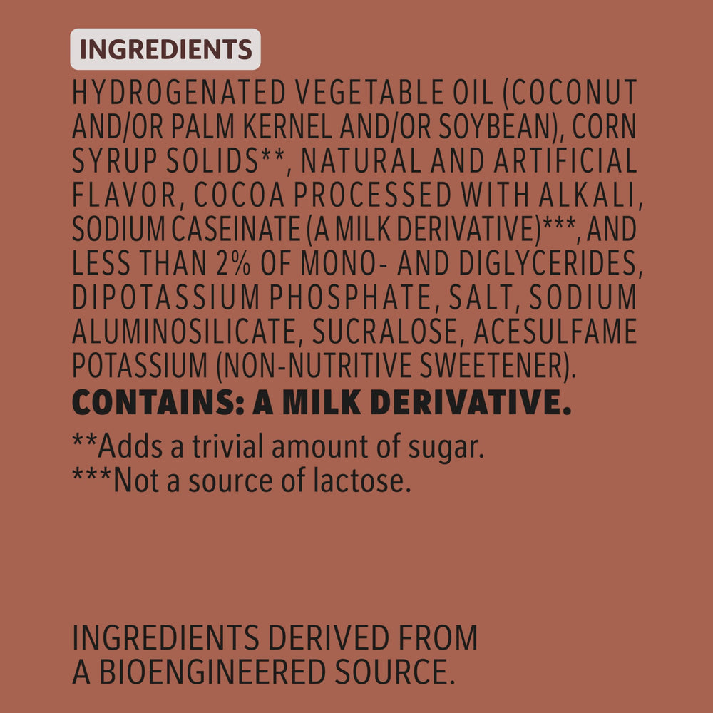 Coffee Mate Chocolate Creme sugar-free powder creamer label close-up lactose-free option