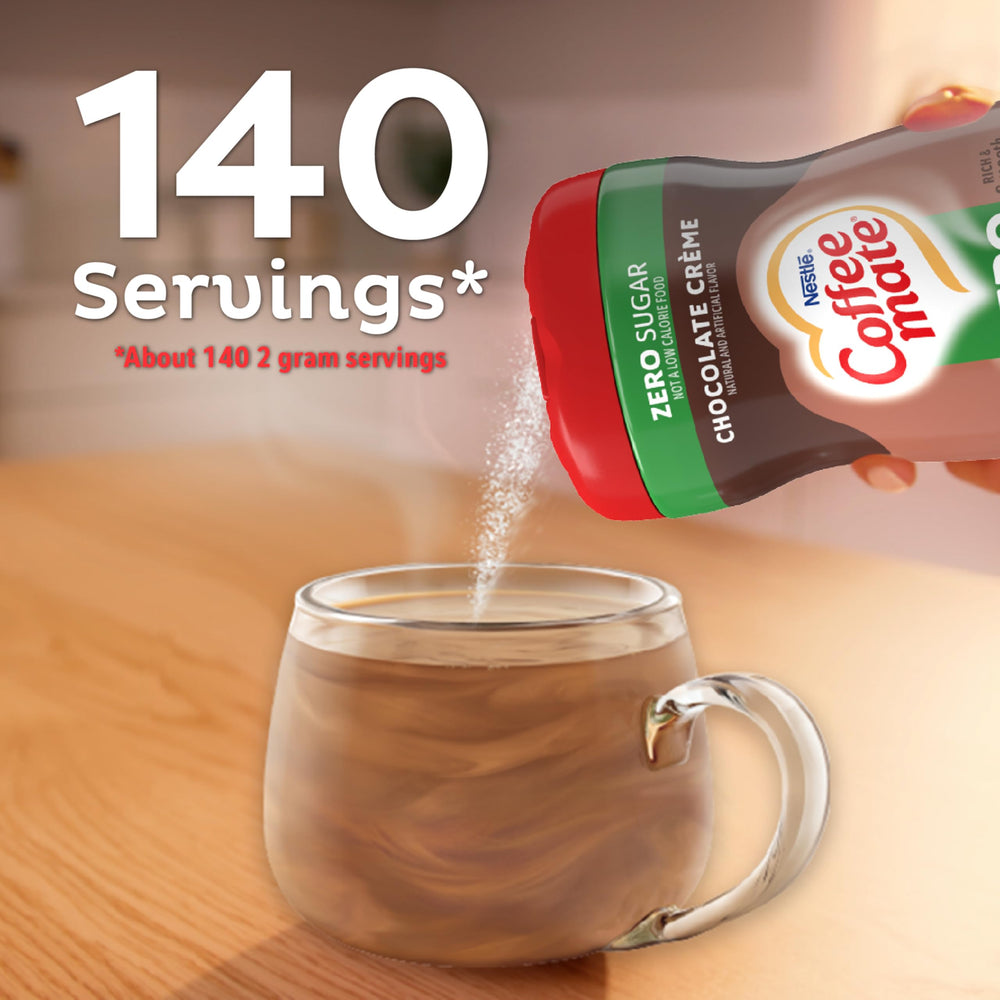Pouring Coffee Mate sugar-free creamer into mug for convenient flavor boost