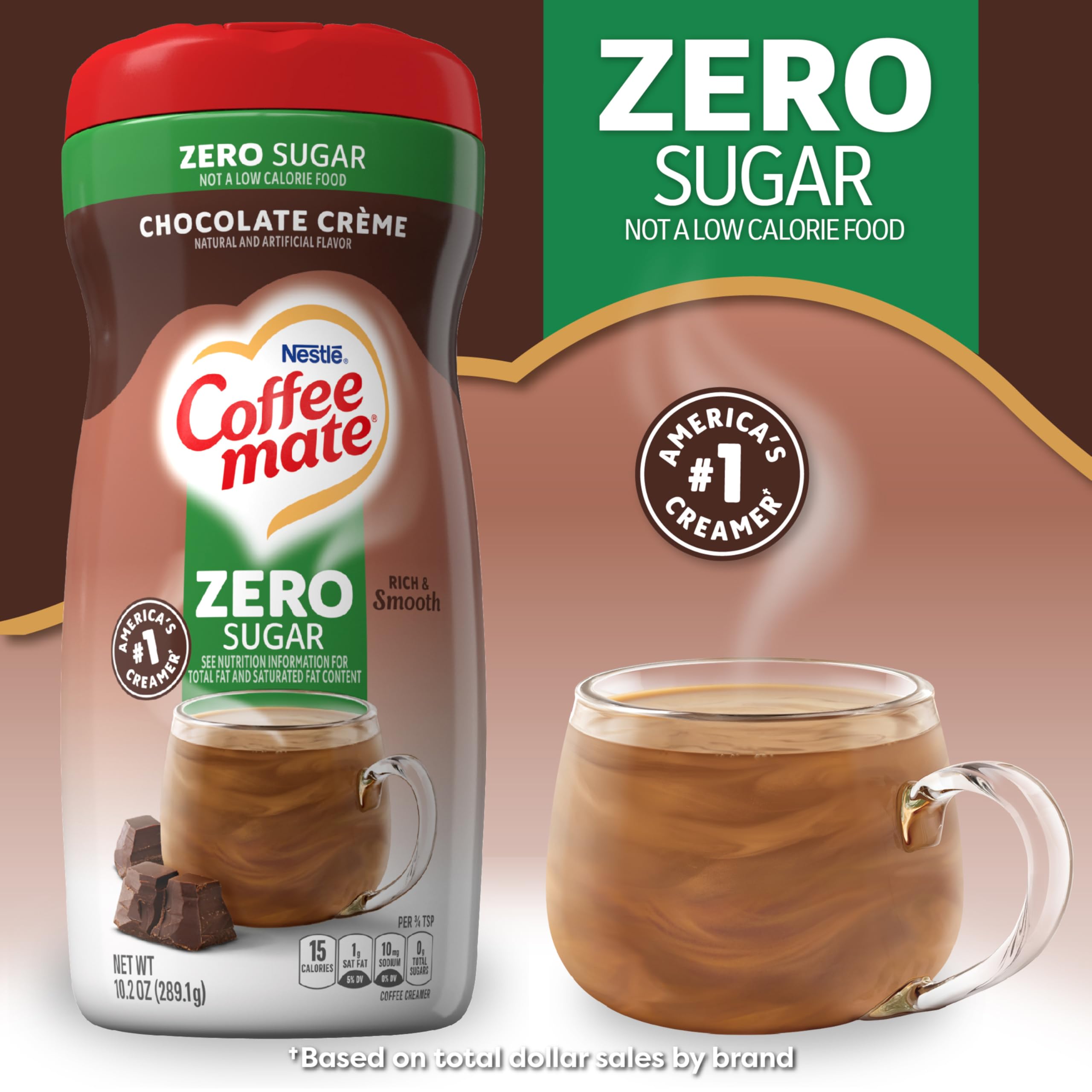 Scoop of Coffee Mate powder creamer over hot coffee ready to mix