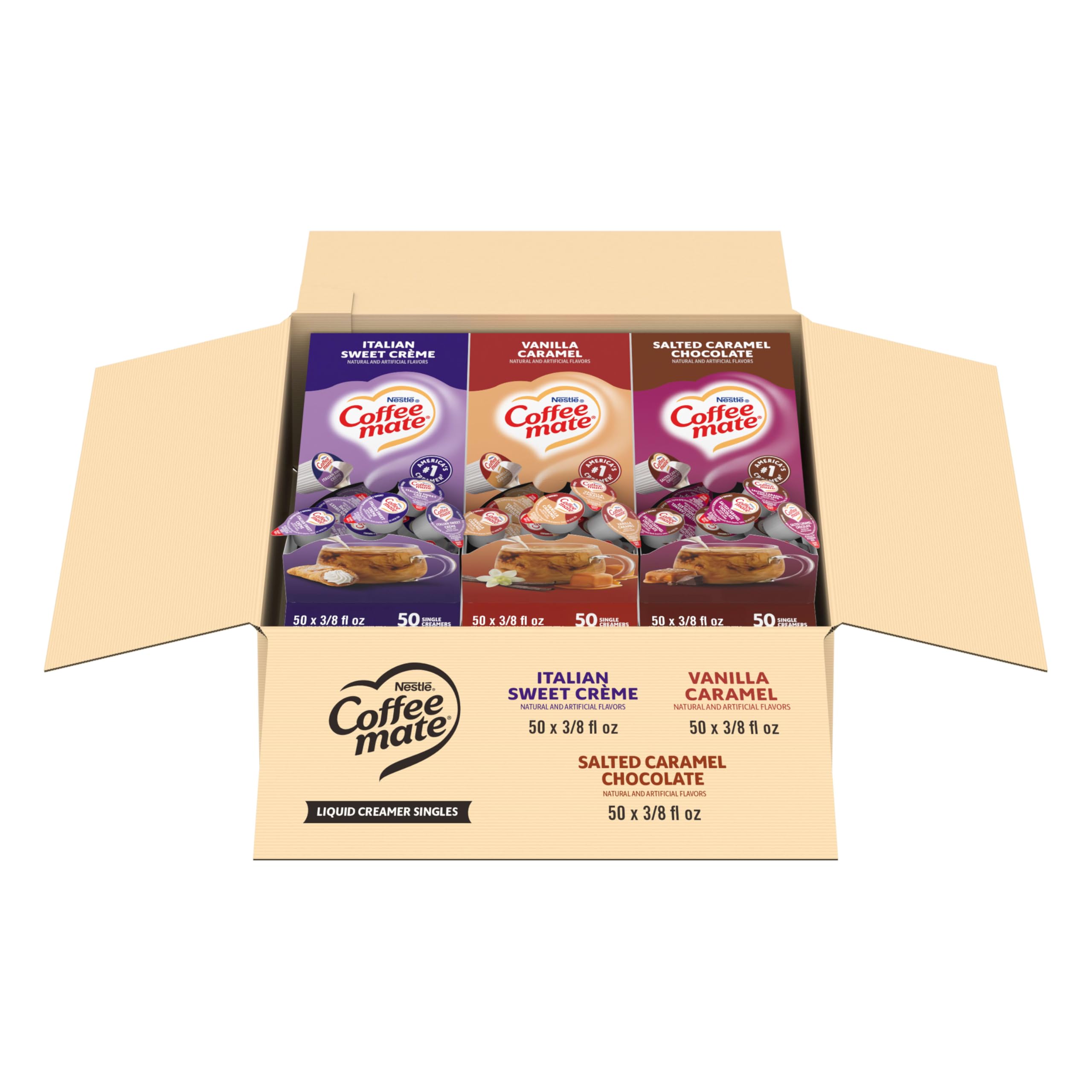 Coffee mate creamer singles Italian Sweet Creme on display, shelf-stable for up to 9 months.