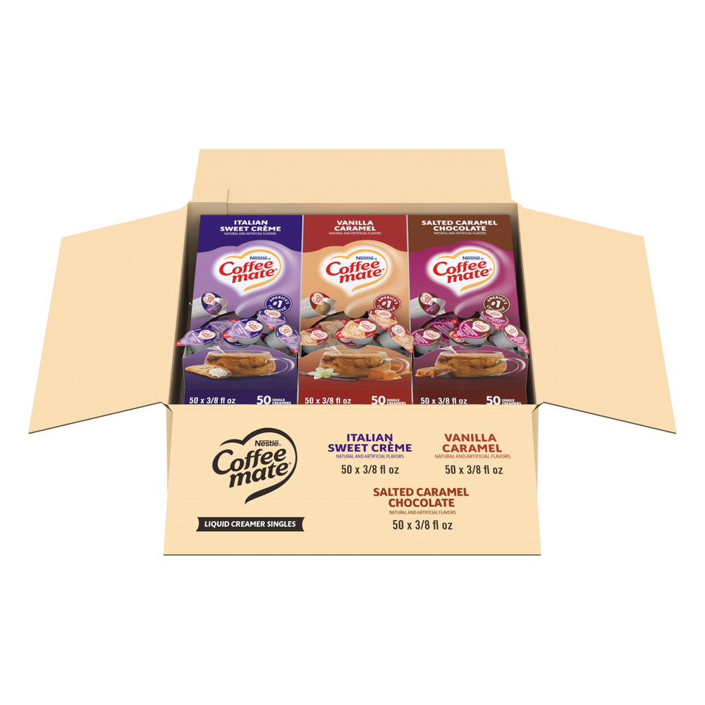 Coffee mate creamer singles Italian Sweet Creme on display, shelf-stable for up to 9 months.