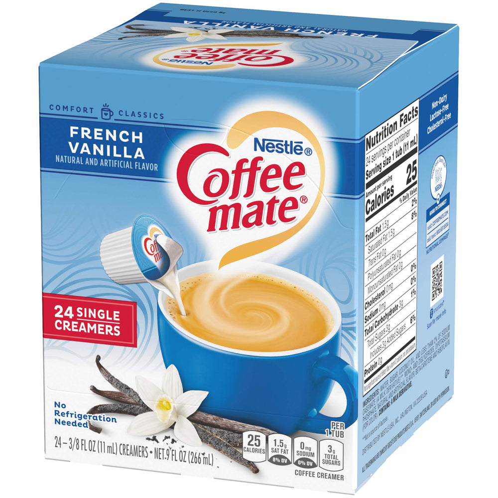 Coffee Mate French Vanilla no refrigeration needed for convenience.