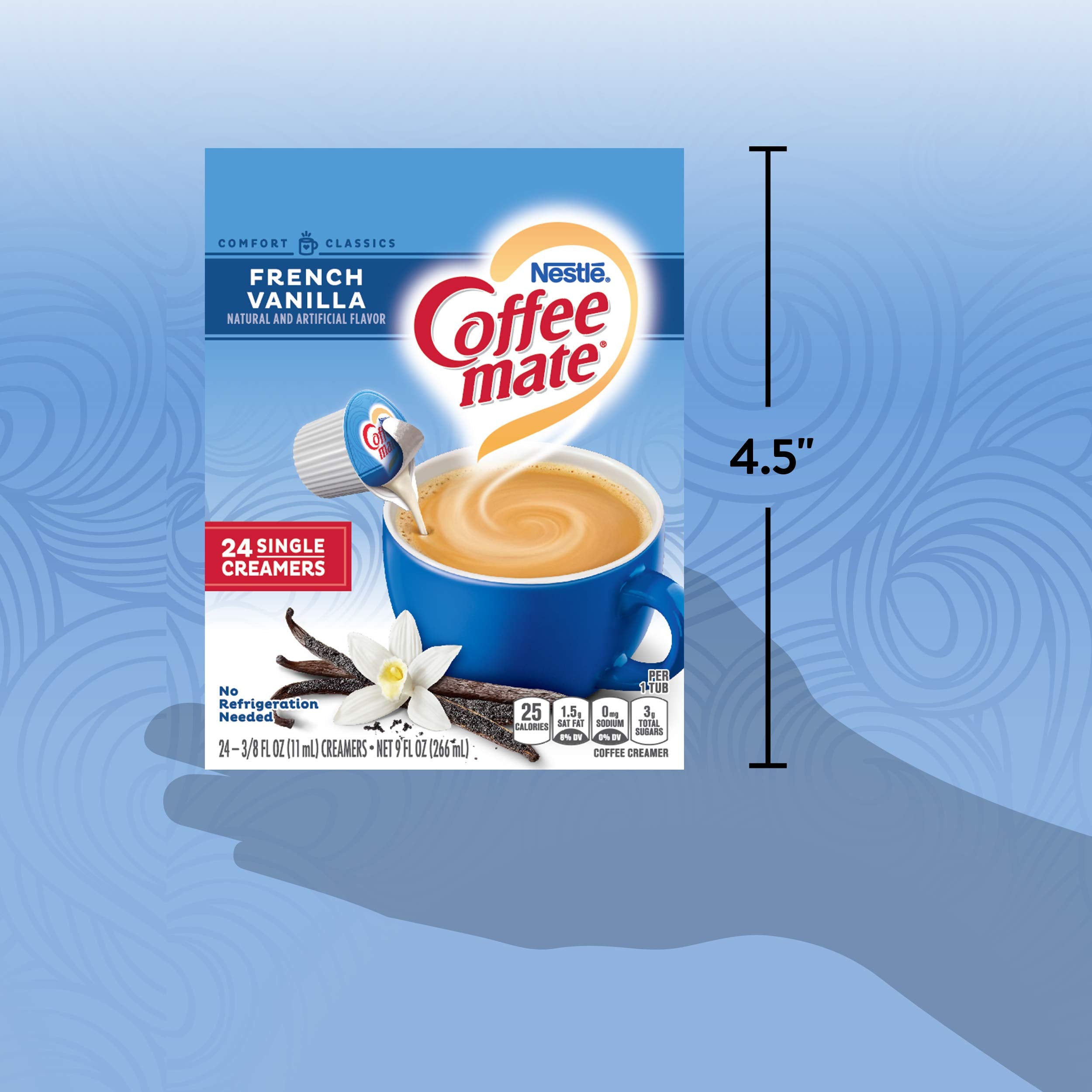 Coffee Mate French Vanilla on a desk setup for easy office sipping.