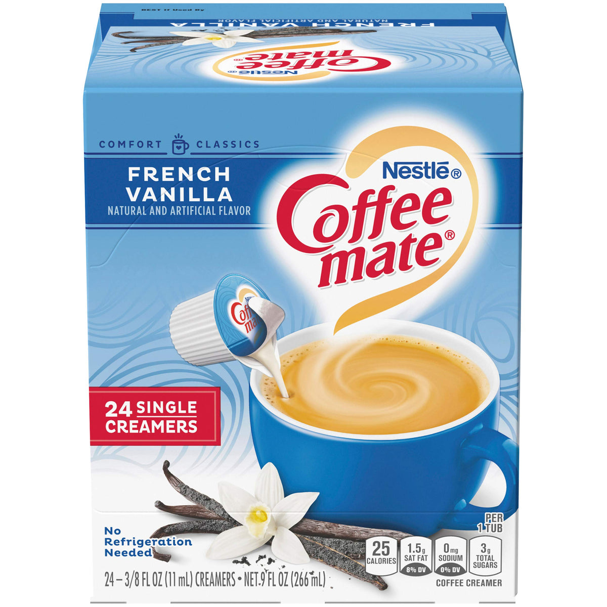 Coffee Mate French Vanilla liquid creamer packaging box showcasing convenient singles.