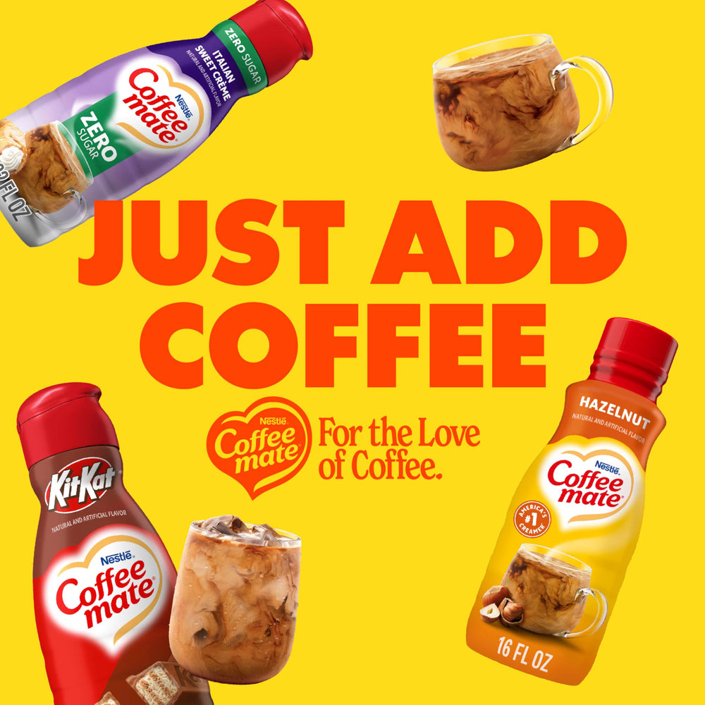 Six-pack display of Coffee Mate Hazelnut Creamer for easy restock