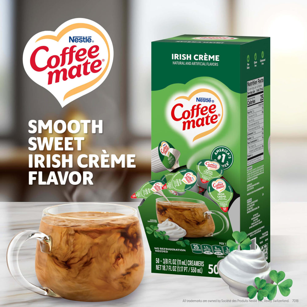Coffee mate Irish Creme dispenser box keeps counters neat and organized.