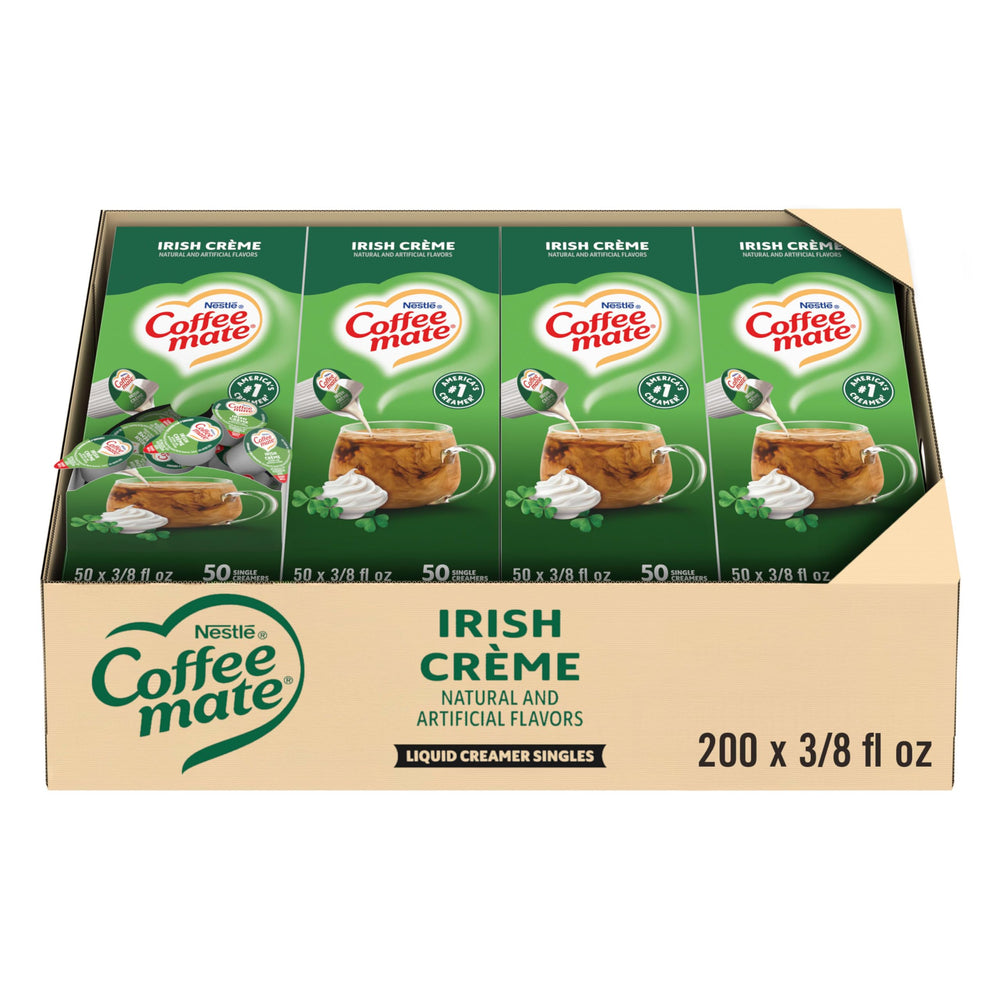 Nestle Coffee mate Irish Creme liquid creamer single for quick, lactose-free coffee flavor.