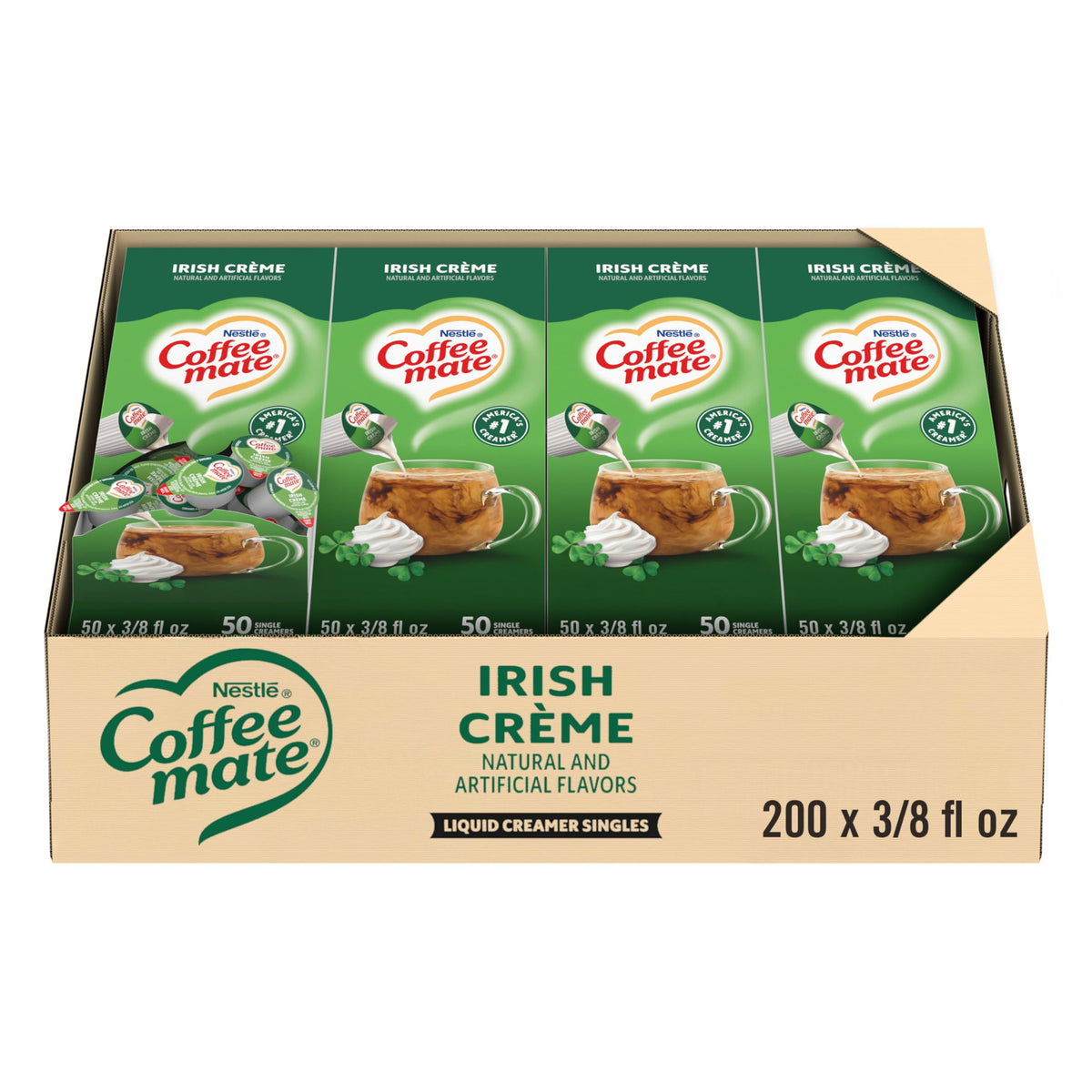 Nestle Coffee mate Irish Creme liquid creamer single for quick, lactose-free coffee flavor.
