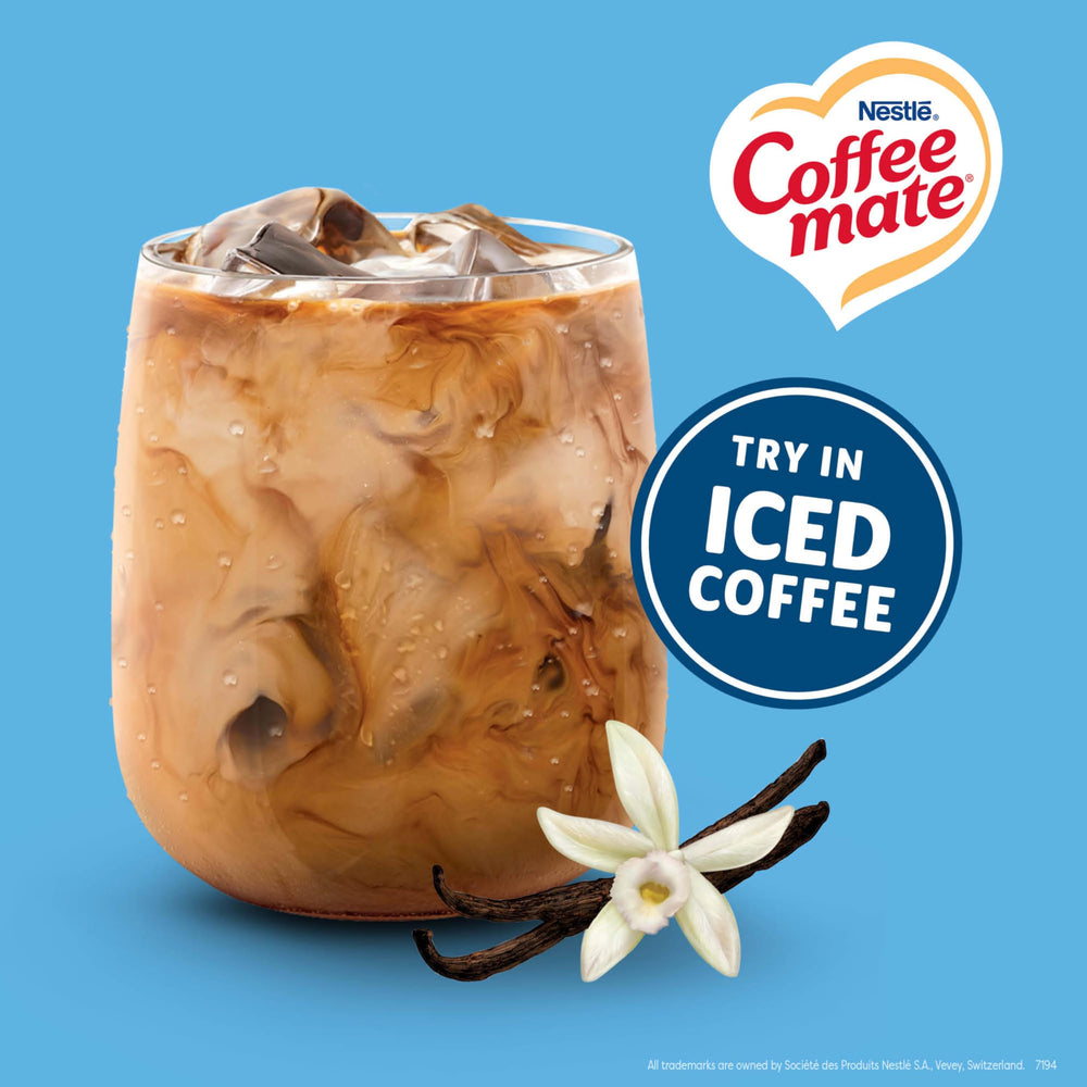 Coffee Mate non-dairy creamer label communicates lactose-free option for coffee
