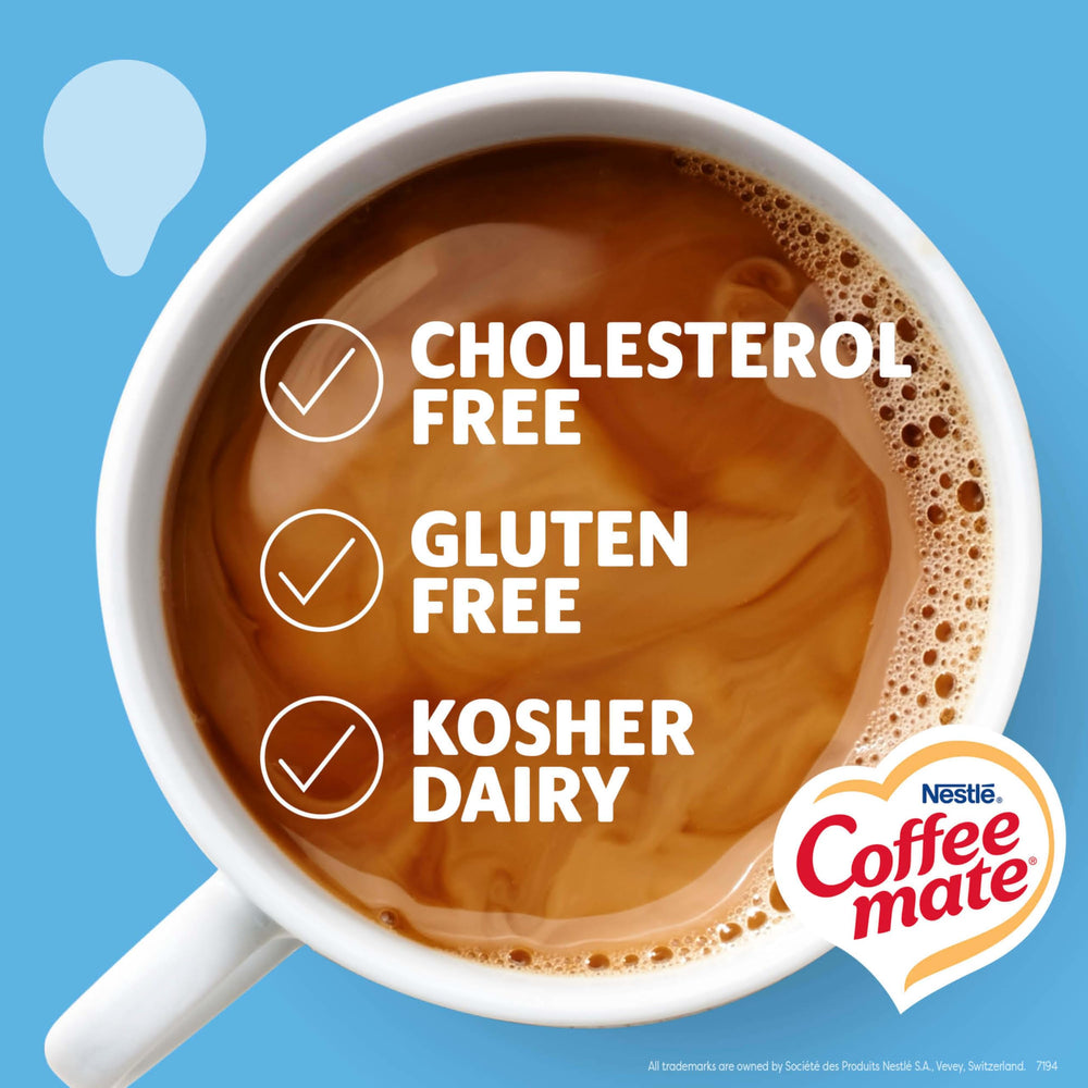 Non-dairy Coffee Mate creamer blends smoothly into hot or cold coffee.