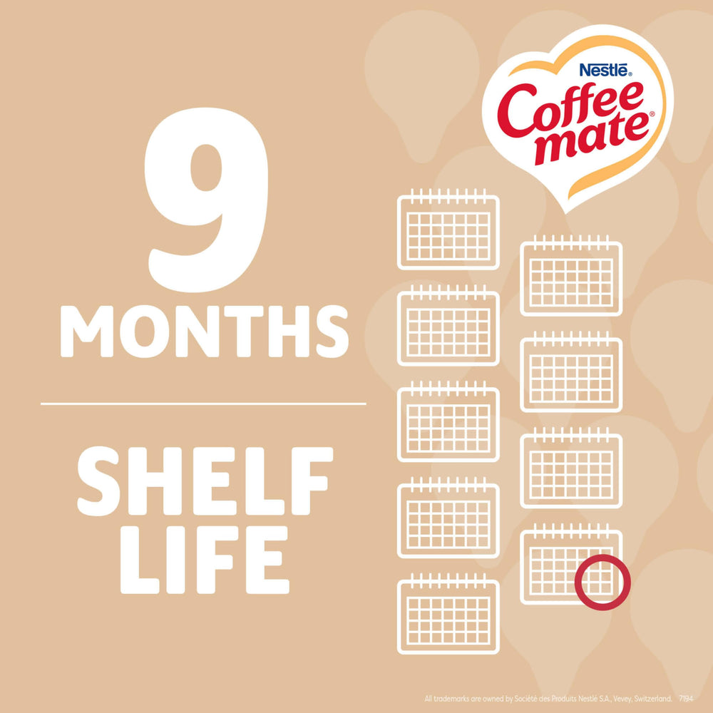 Coffee Mate Original room-temperature stable creamer shown with box for storage