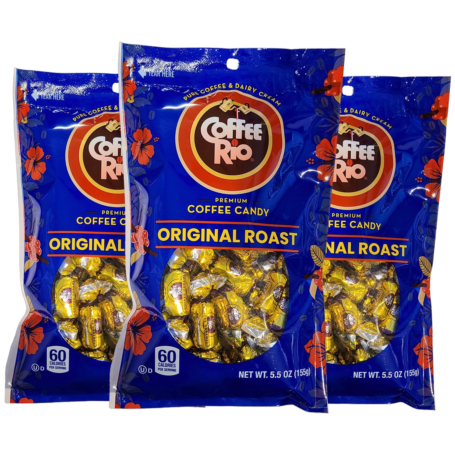 Coffee Rio original roast candies pack shows three 5.5 oz boxes for sharing