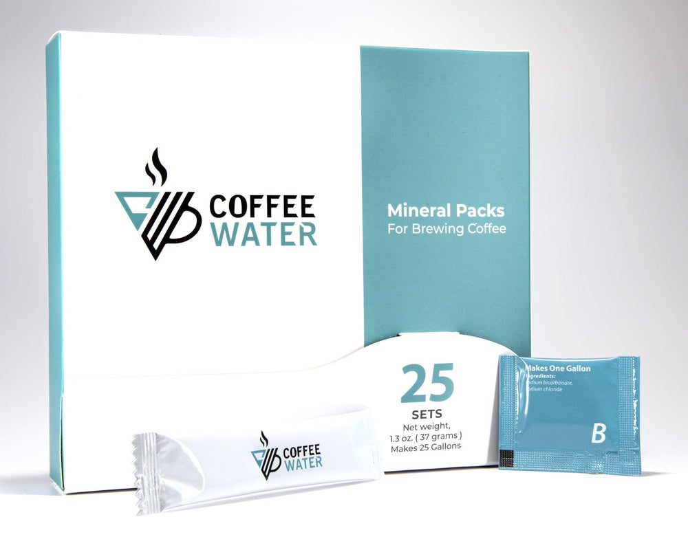 COFFEE WATER mineral packs package for consistent coffee brewing.